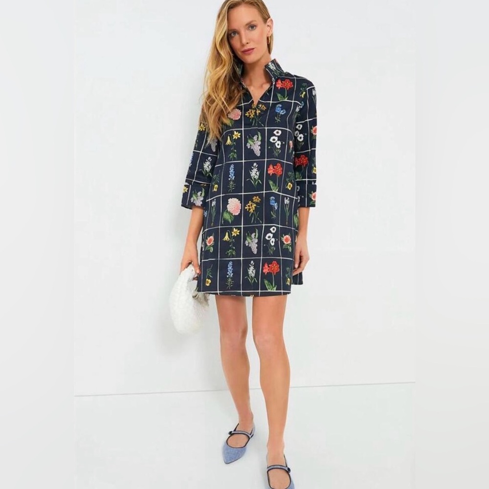 Tuckernuck Navy Floral Grid Megan Shift Dress S